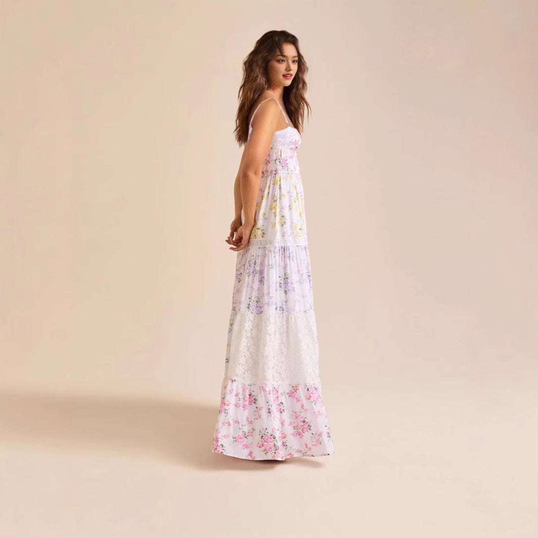 Damen Boho Maxikleid mit elastischem Oberteil und Spitzenakzenten EB