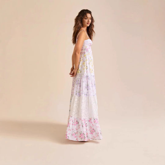 Damen Boho Maxikleid mit elastischem Oberteil und Spitzenakzenten EB