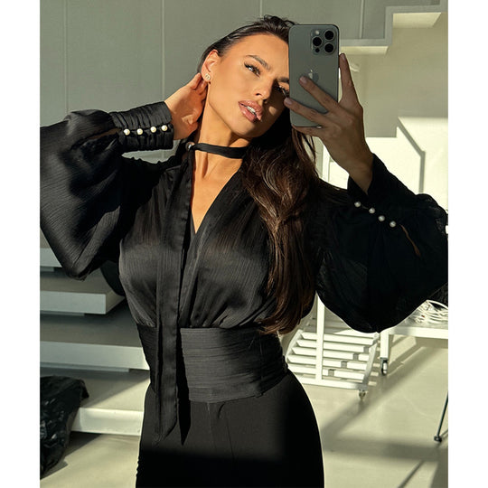 Damen elegantes Blusenoberteil mit weiten Ärmeln und Bindegürtel EB
