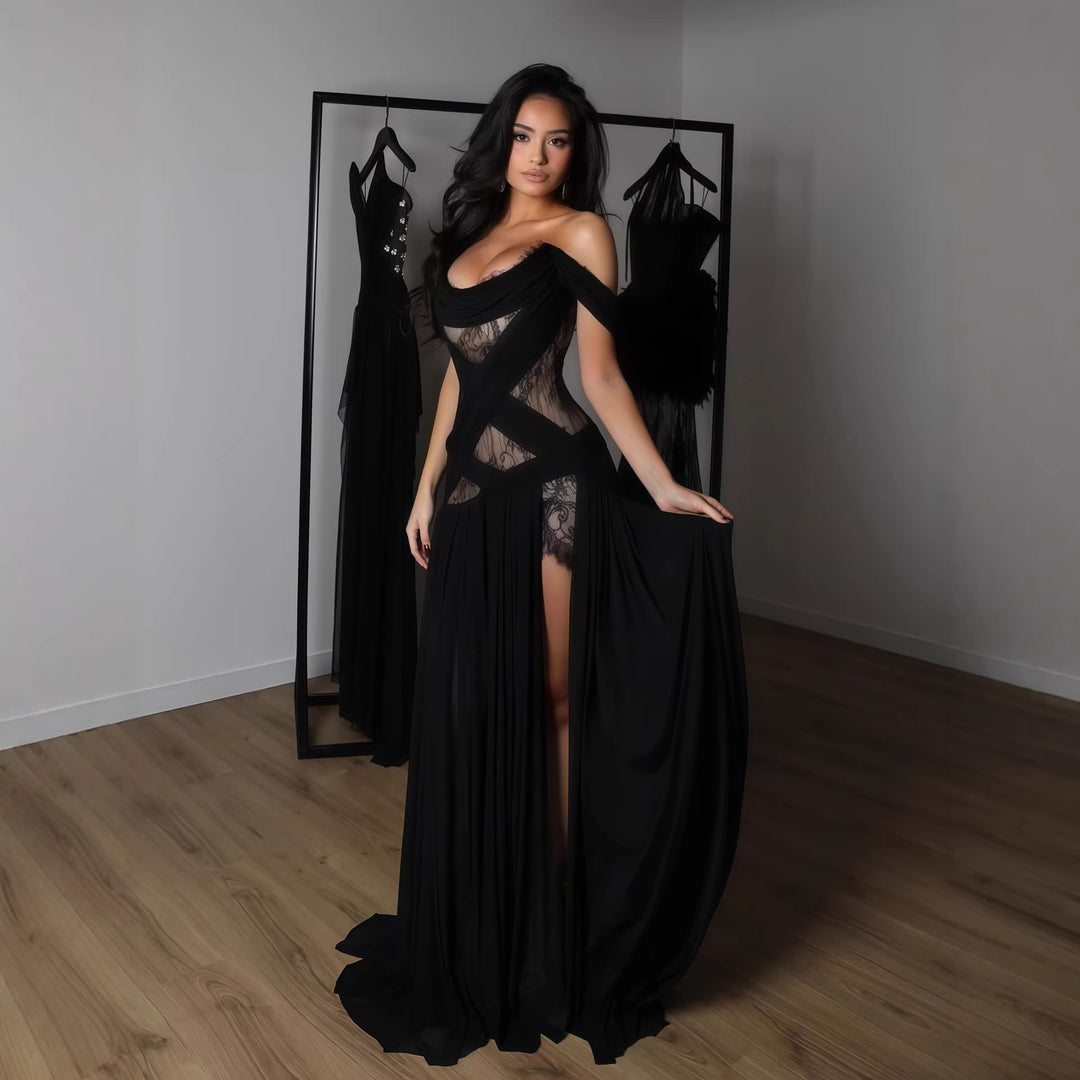 Damen Elegantes Spitzenkleid mit tiefem Schlitz und trägerlosem Schnitt EB