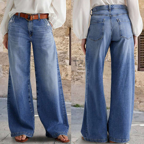 Damen Weit geschnittene Denim-Hose mit hoher Taille und eleganten Taschen EB