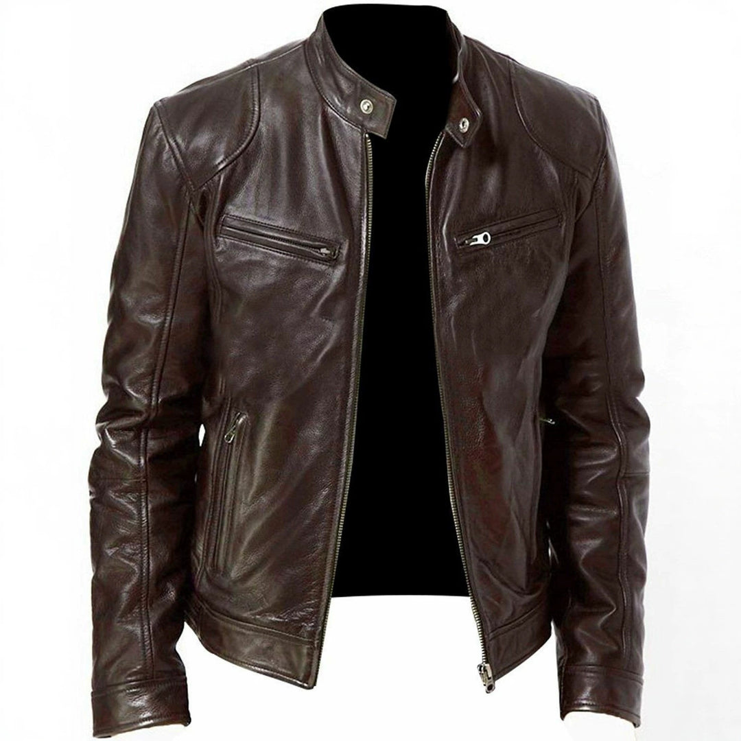 Herren nan vintage-inspirierte Lederjacke im Bikerstil mit Stehkragen und sichtbaren Reißverschlüssen EB