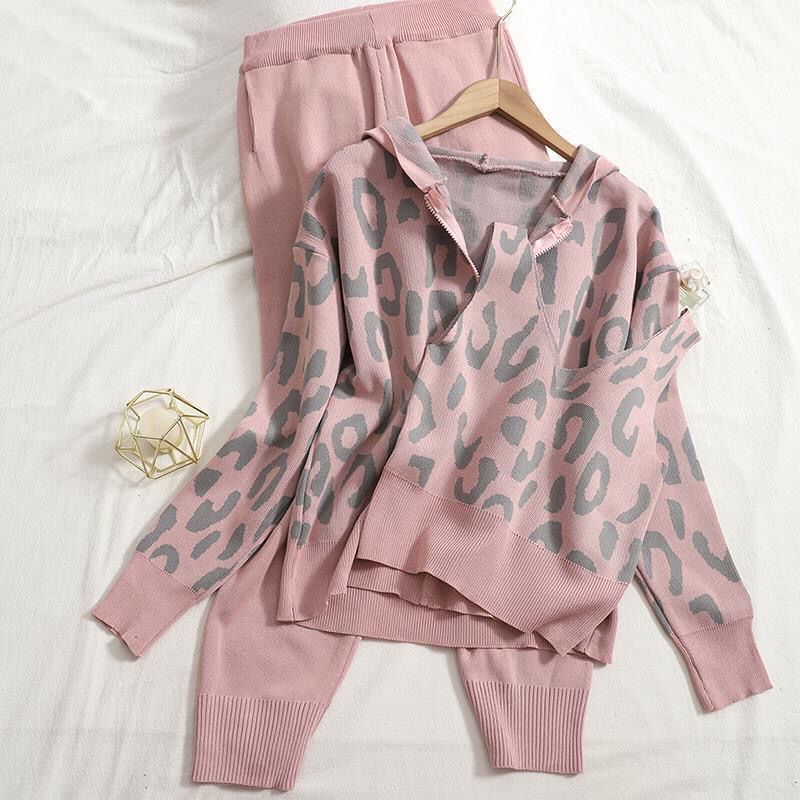 Damen lässiges Hoodie- und Jogginganzug-Set mit Leopardenmuster EB
