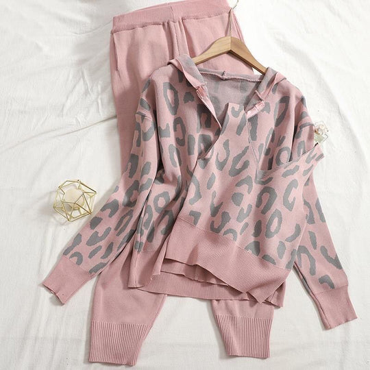Damen lässiges Hoodie- und Jogginganzug-Set mit Leopardenmuster EB