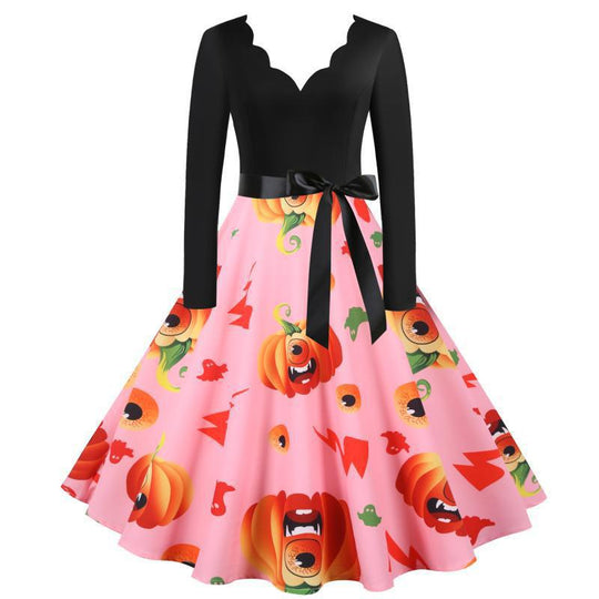 Damen Vintage Swing Kleid mit Halloween-Kürbis-Print und Taillengürtel EB