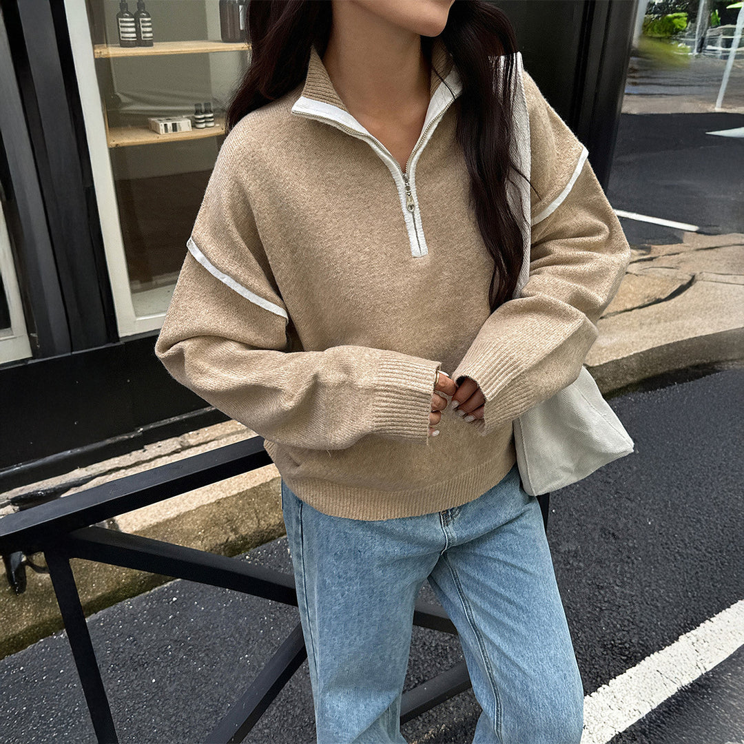 Damen nan oversized Strickpullover mit halbem Reißverschluss, Kontrastpaspeln und überschnittener Schulter EB