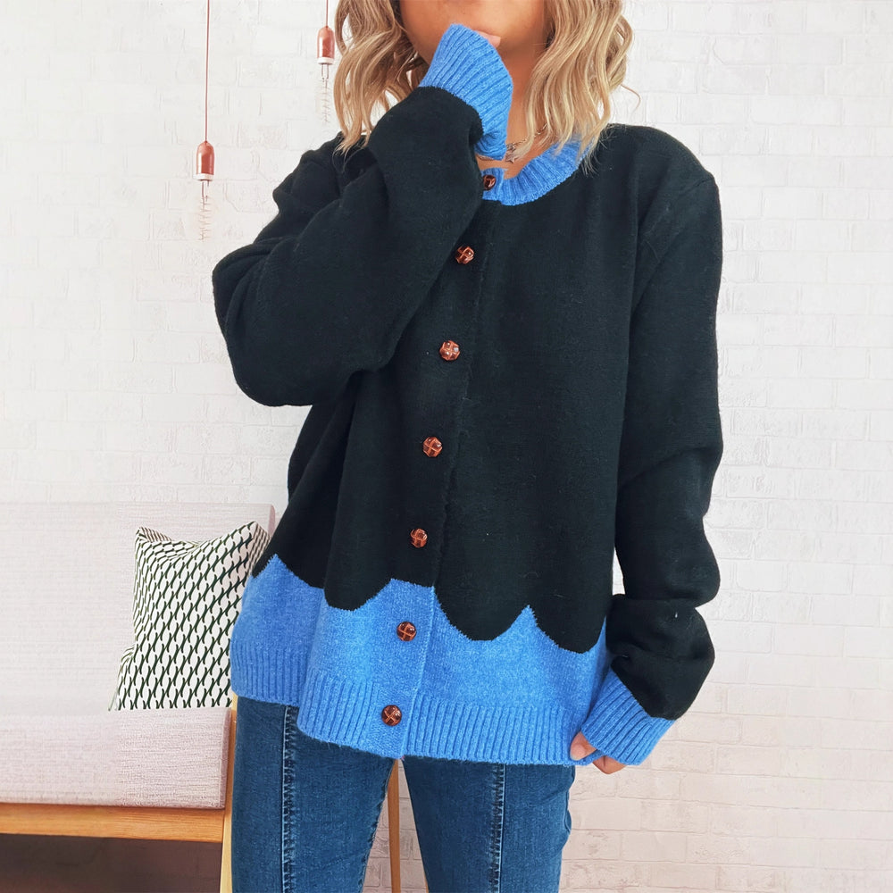 Damen lässige Strickjacke mit buntem Kontrast und eleganten Knopfdetails EB