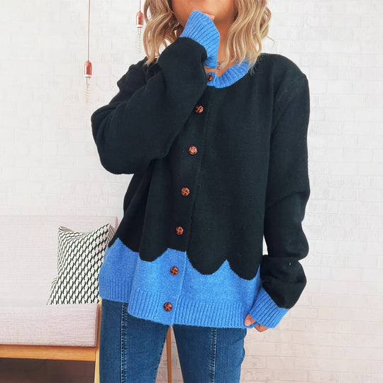 Damen lässige Strickjacke mit buntem Kontrast und eleganten Knopfdetails EB