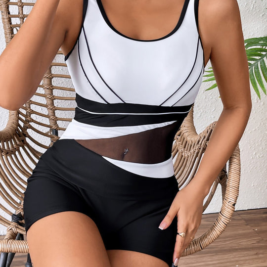 Damen Hochgeschlossener Sportbadeanzug mit modischem Netzdesign EB