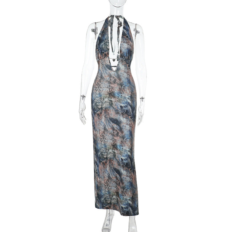 Damen elegantes Maxikleid mit tiefem V-Ausschnitt und verspieltem Halterdesign EB