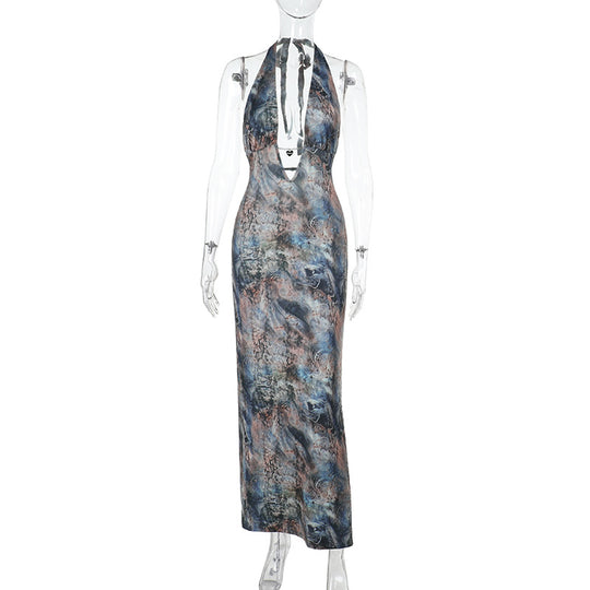 Damen elegantes Maxikleid mit tiefem V-Ausschnitt und verspieltem Halterdesign EB