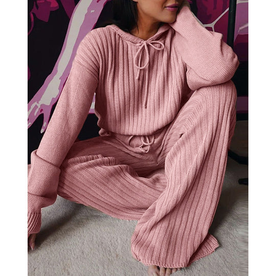 Damen Geripptes Strick-Loungewear-Set mit Kapuzenpullover und weiter Kordelzughose EB