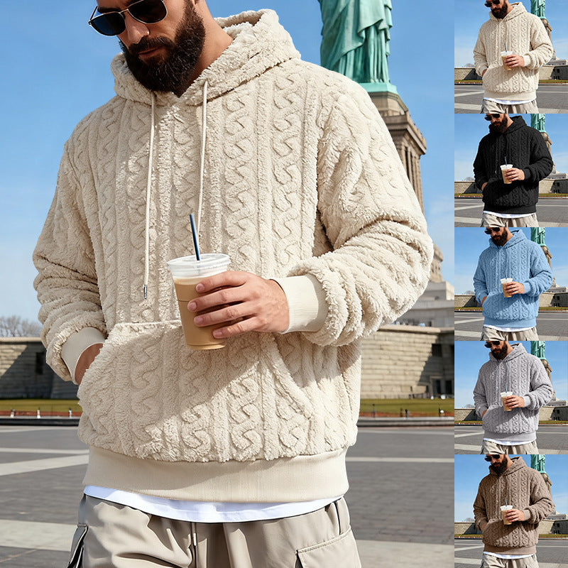 Herren nan Kuscheliger Sherpa-Hoodie mit Zopfmuster, Kängurutasche und Rippbündchen EB