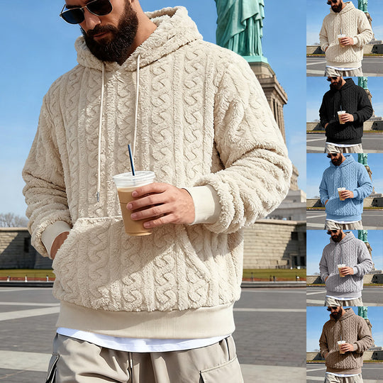 Herren nan Kuscheliger Sherpa-Hoodie mit Zopfmuster, Kängurutasche und Rippbündchen EB
