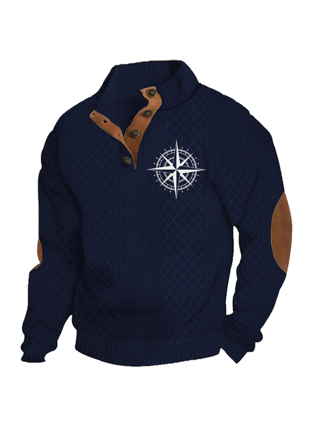 Herren nan Heritage-Strukturpullover mit Stehkragen Lederimitat-Besatz Ellenbogen-Patches und Halbknopfleiste EB