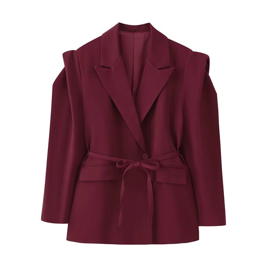 Damen elegante Oversized-Blazerjacke mit Gürtel und Schulterpolstern EB