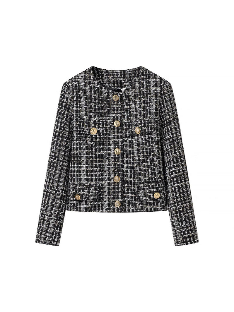 Damen elegante Tweed-Jacke mit goldenen Knöpfen EB