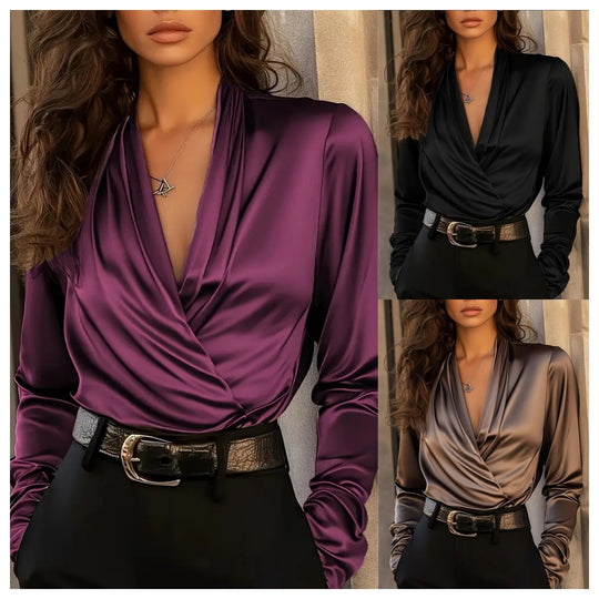 Damen elegante Satinbluse mit Wickeldesign und tiefem V-Ausschnitt EB