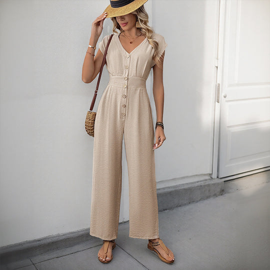 Damen eleganter Jumpsuit mit Knopfdesign und weitem Bein EB