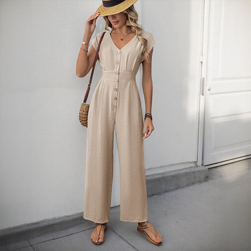 Damen eleganter Jumpsuit mit Knopfdesign und weitem Bein EB