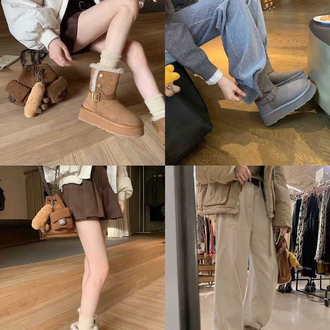 Damen modische Booties mit weichem Kunstfellkragen und praktischem Schnallenverschluss EB