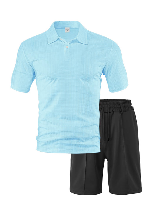 Herren nan zweiteiliges Sommer-Reise-Set mit texturiertem Kurzarm-Poloshirt und funktionalen Mesh-Shorts EB