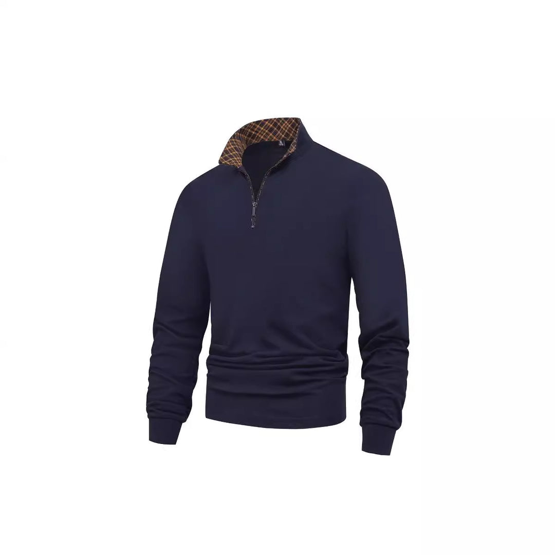 Herren Langarm-Halfzip-Pullover mit Troyerkragen und kariertem Innenkragen EB