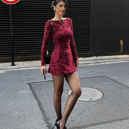 Damen Floral Minikleid mit transparenten Ärmeln EB