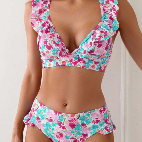 Damen Badeset mit Rüschen und floralem Muster EB