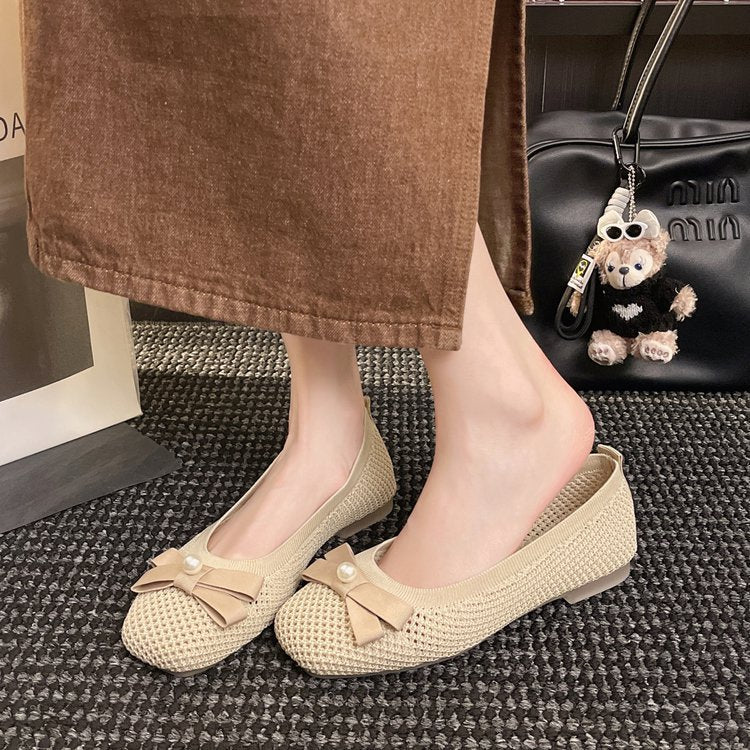 Damen elegante Ballerinas mit zierlichem Schleifen- und Perlenschmuck EB