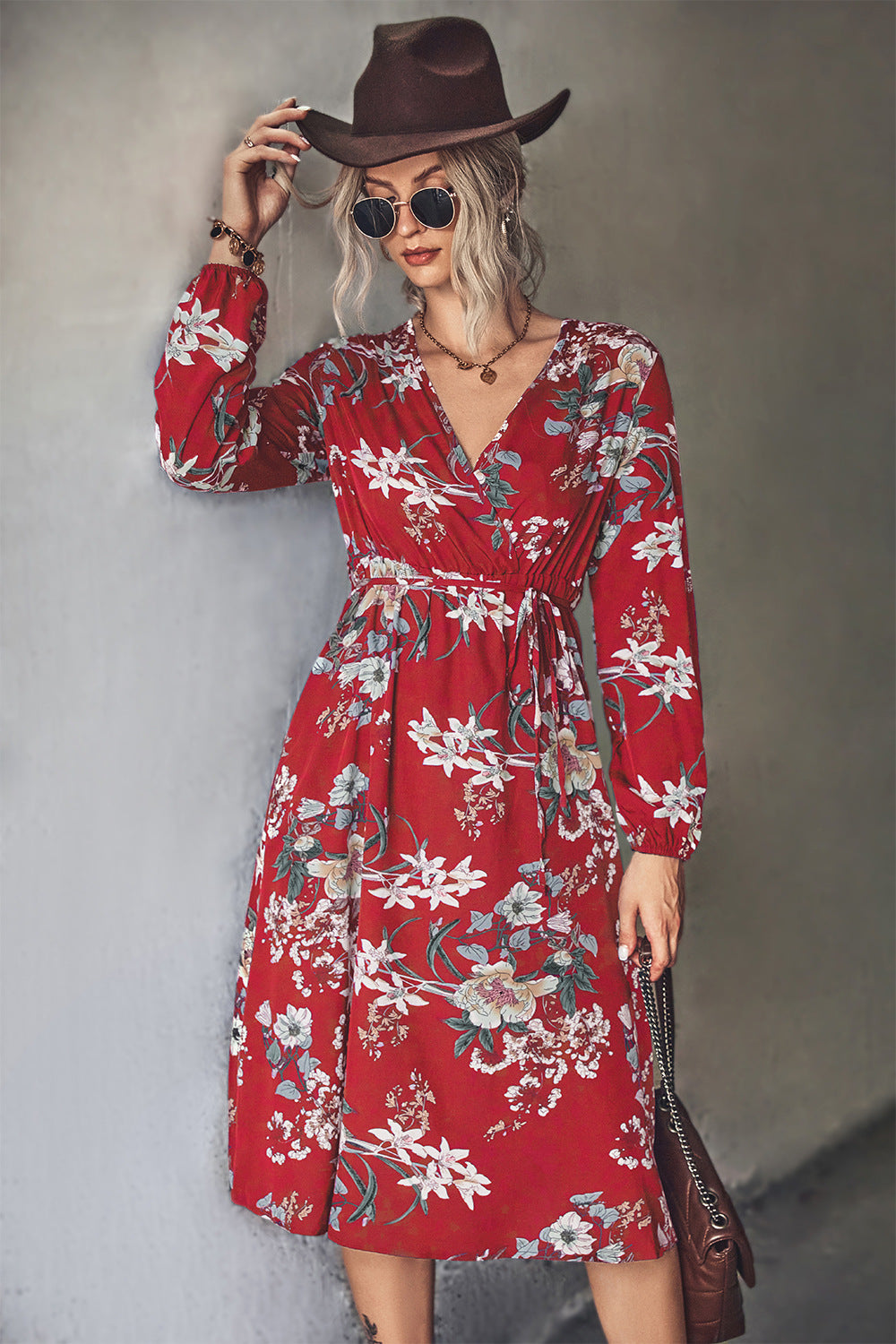 Damen Midi-Kleid mit elegantem floralem Design und tailliertem Gürtel EB