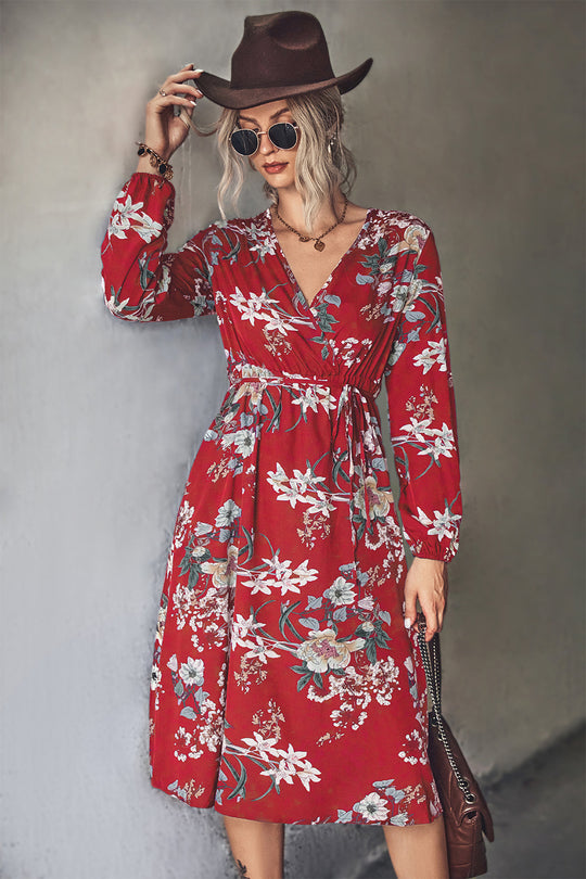 Damen Midi-Kleid mit elegantem floralem Design und tailliertem Gürtel EB