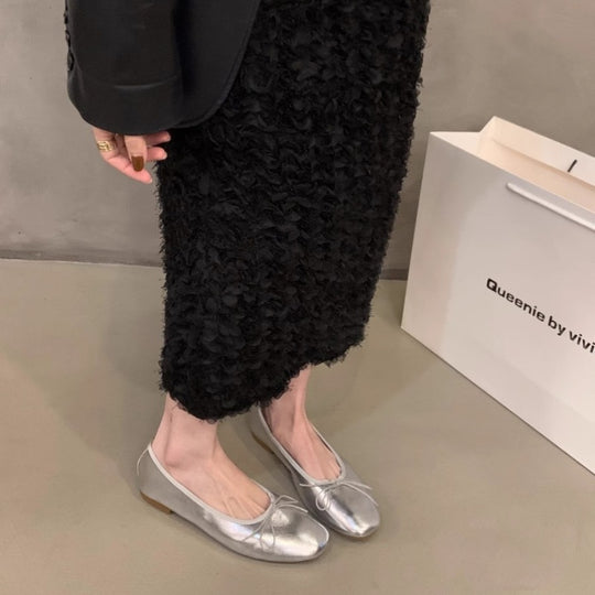 Damen Ballerinas mit funkelnder Metallic-Oberfläche und zartem Schleifendesign EB