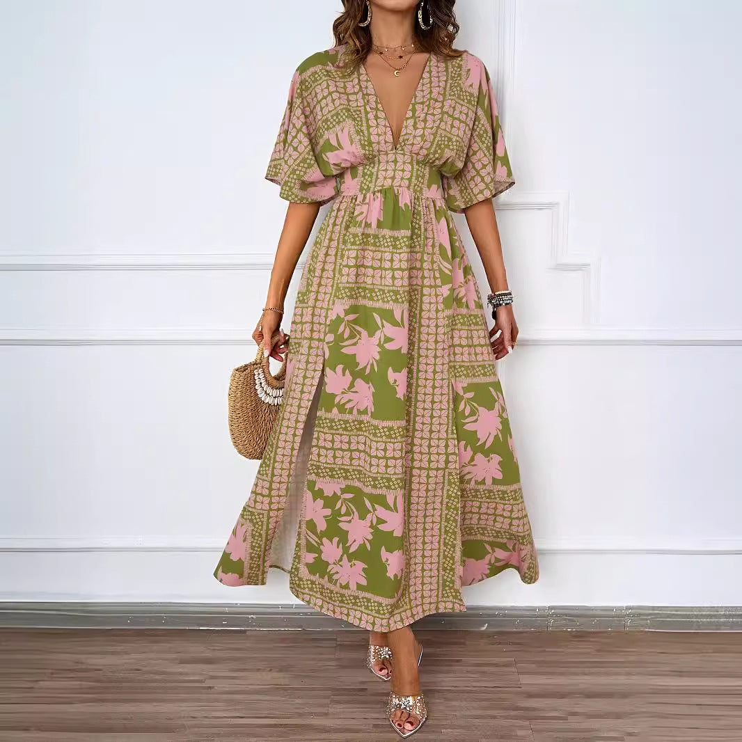 Damen Maxikleid im Boho-Stil mit tiefem V-Ausschnitt und seitlichem Schlitz EB