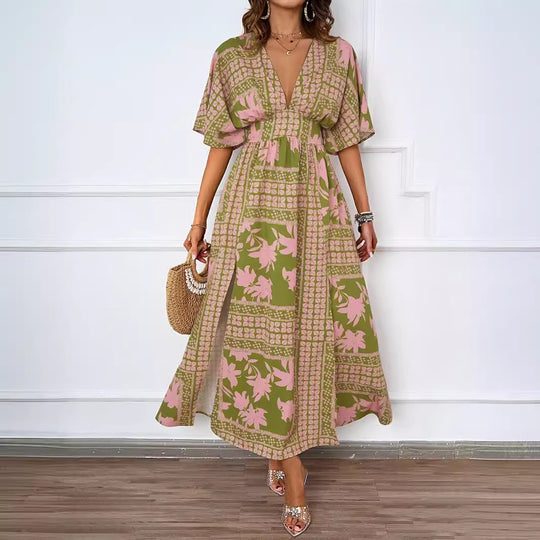Damen Maxikleid im Boho-Stil mit tiefem V-Ausschnitt und seitlichem Schlitz EB