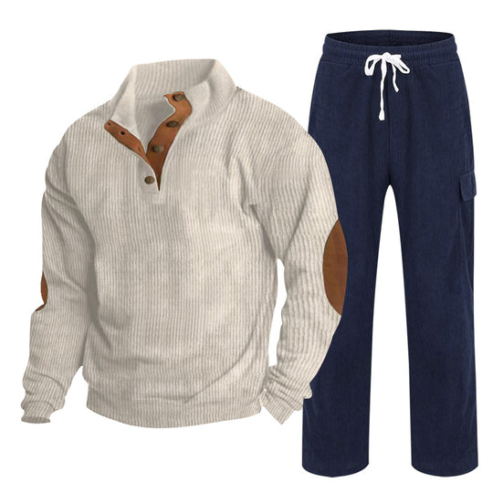 Herren nan strukturiertes Cord-Henley-Loungewear-Set mit Ellenbogenpatches und Cargo-Jogpant EB