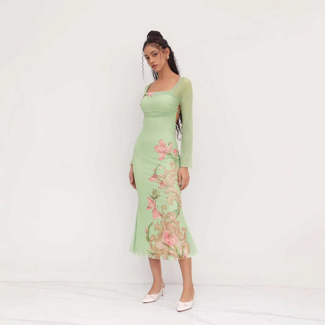 Damen elegantes Midikleid mit floralem Design und transparenten Longsleeves EB