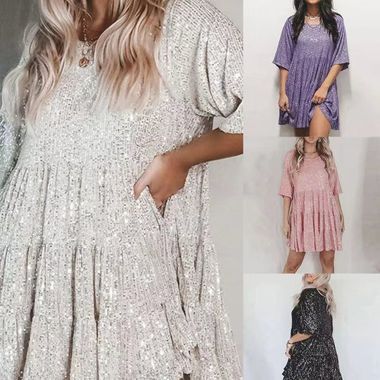 Damen funkelndes Mini-Kleid mit Pailletten und weitem Schnitt EB
