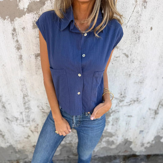 Damen Strukturierte Bluse mit praktischen Brusttaschen und elegantem Kragen EB