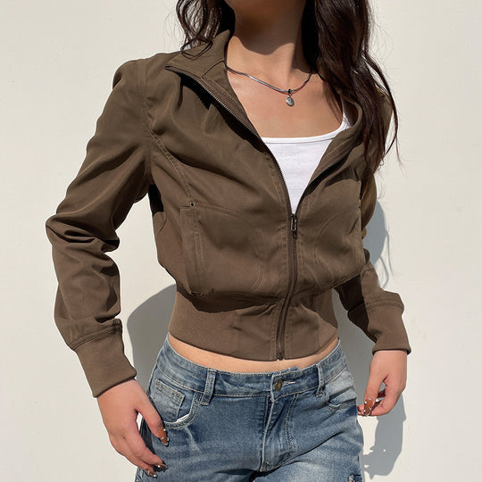 Damen nan taillierte Kurzjacke mit Stehkragen, durchgehendem Reißverschluss und elastischem Bund EB