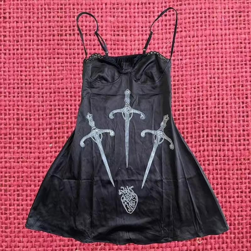 Damen Verspieltes Satin-Kleid mit Kunstgrafiken EB