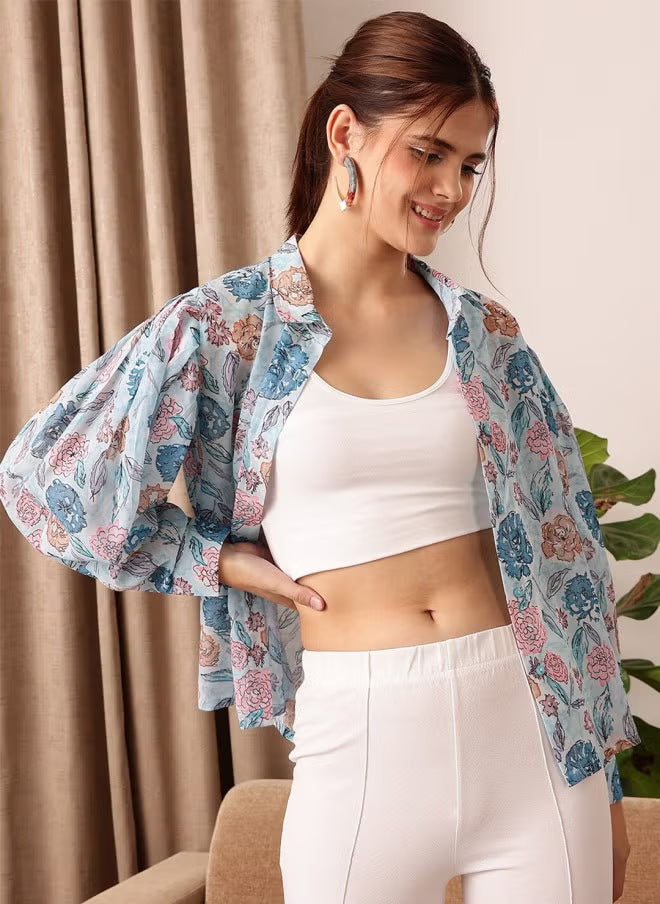 Damen leicht transparente Chiffonjacke mit floralen Motiven und ballonartigen Ärmeln EB