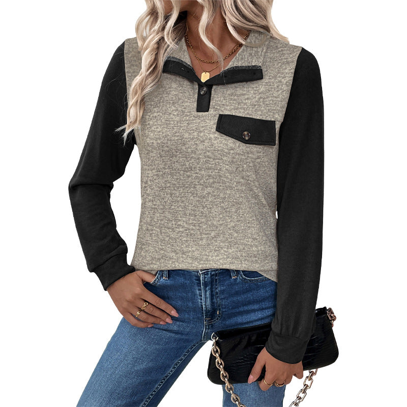 Damen modischer Langarm-Pullover mit praktischer Brusttasche und Knopfleiste EB