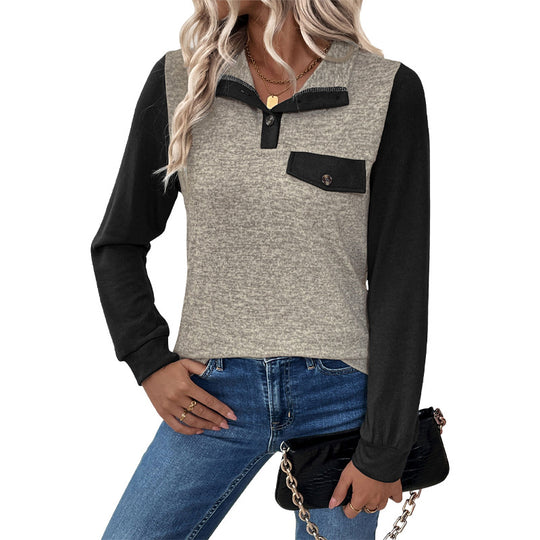 Damen modischer Langarm-Pullover mit praktischer Brusttasche und Knopfleiste EB