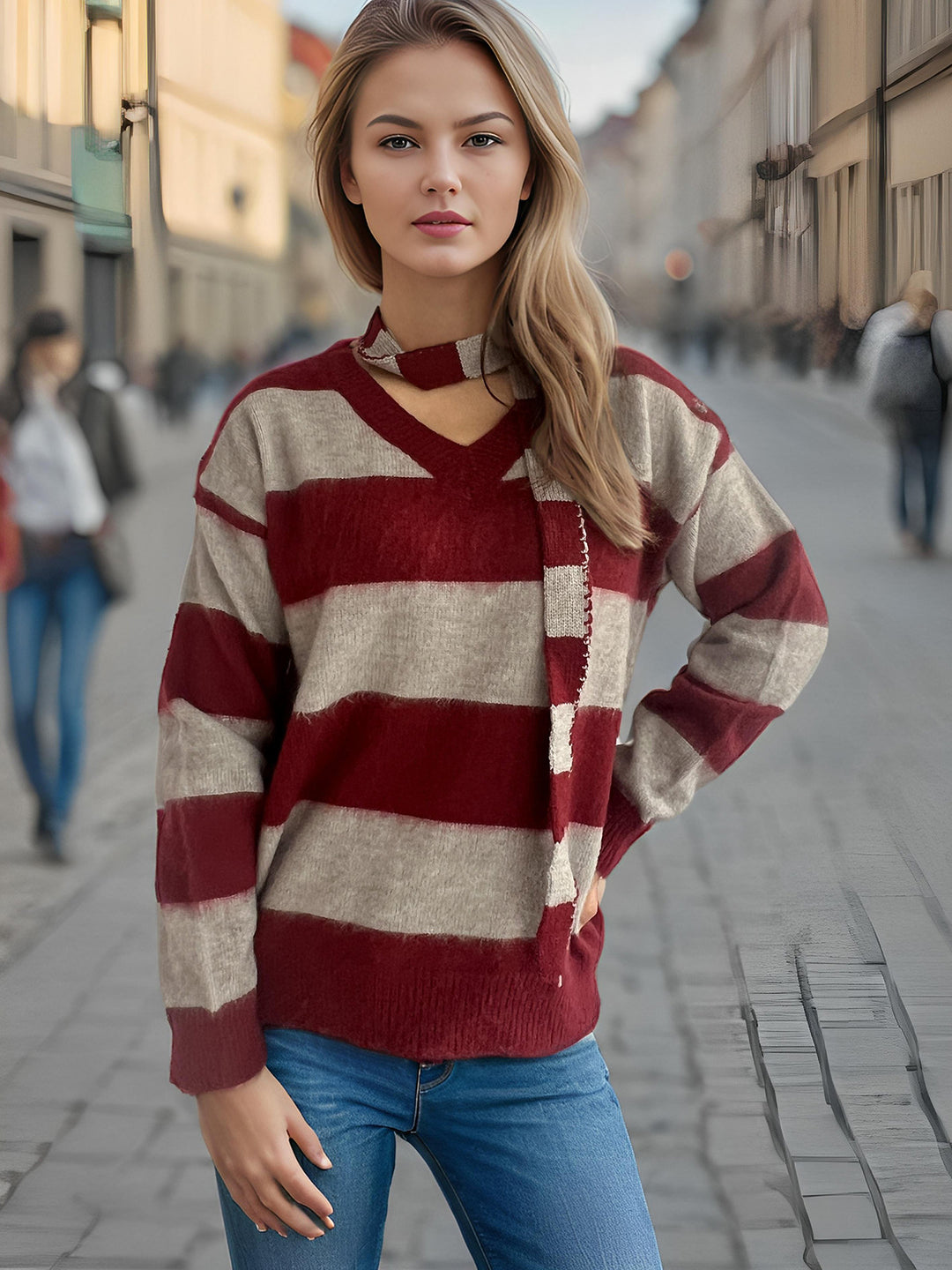 Damen lässiger Strickpullover mit modernem Streifenmuster und dekorativem Schal EB