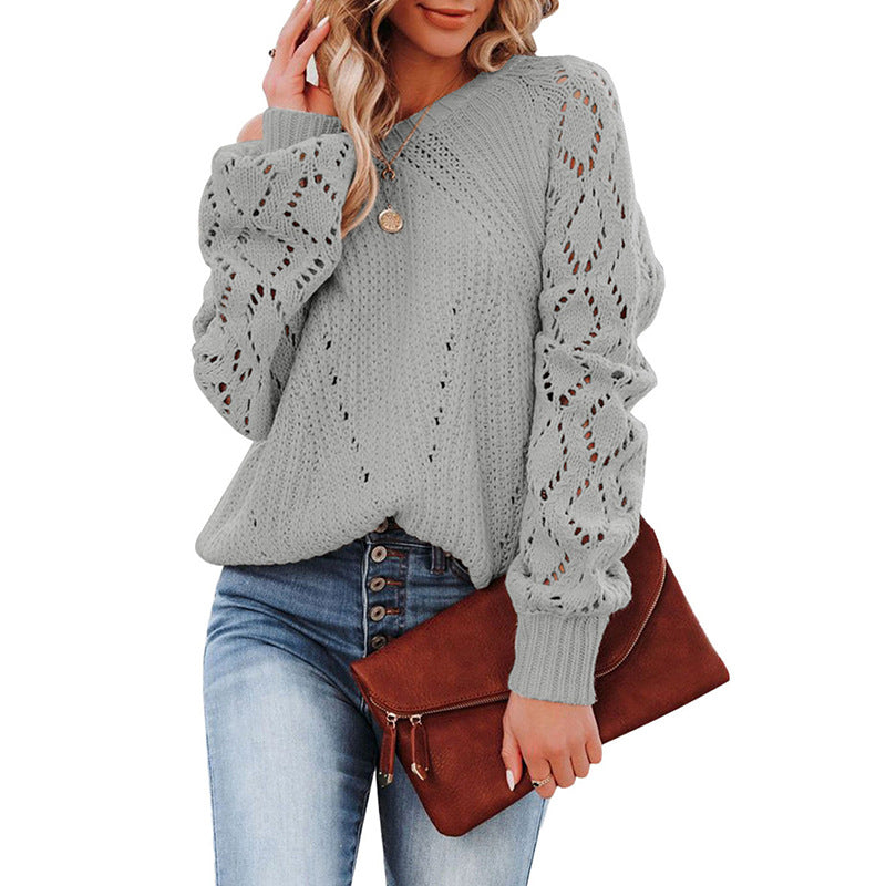 Damen Strickpullover mit romantischem Häkelmuster und voluminösen Ärmeln EB
