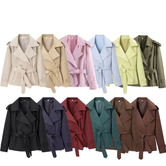 Damen nan kurze Trenchcoat Jacke mit Taillengürtel breitem Revers und dekorativen Schulterklappen EB