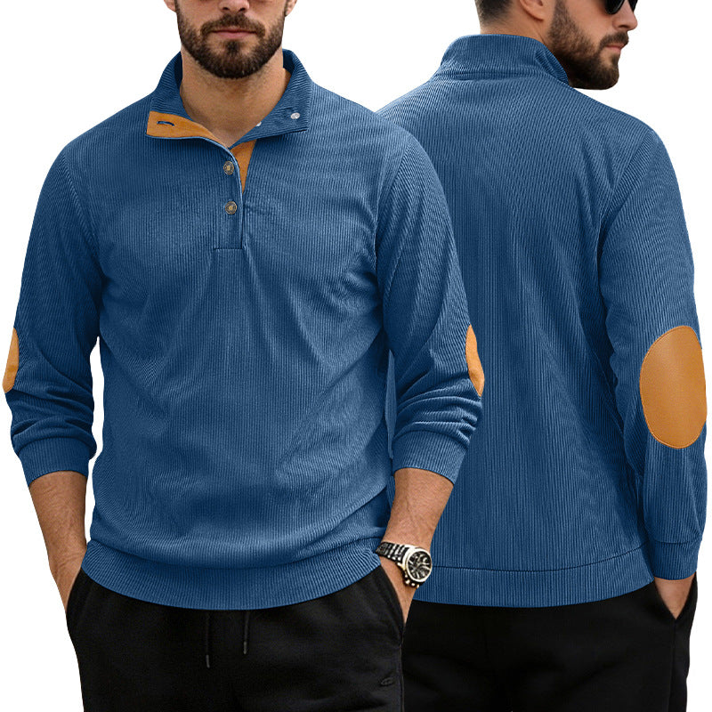 Herren nan lässiger Strukturpullover mit Polokragen, kurzer Knopfleiste und veganen Lederbesätzen EB