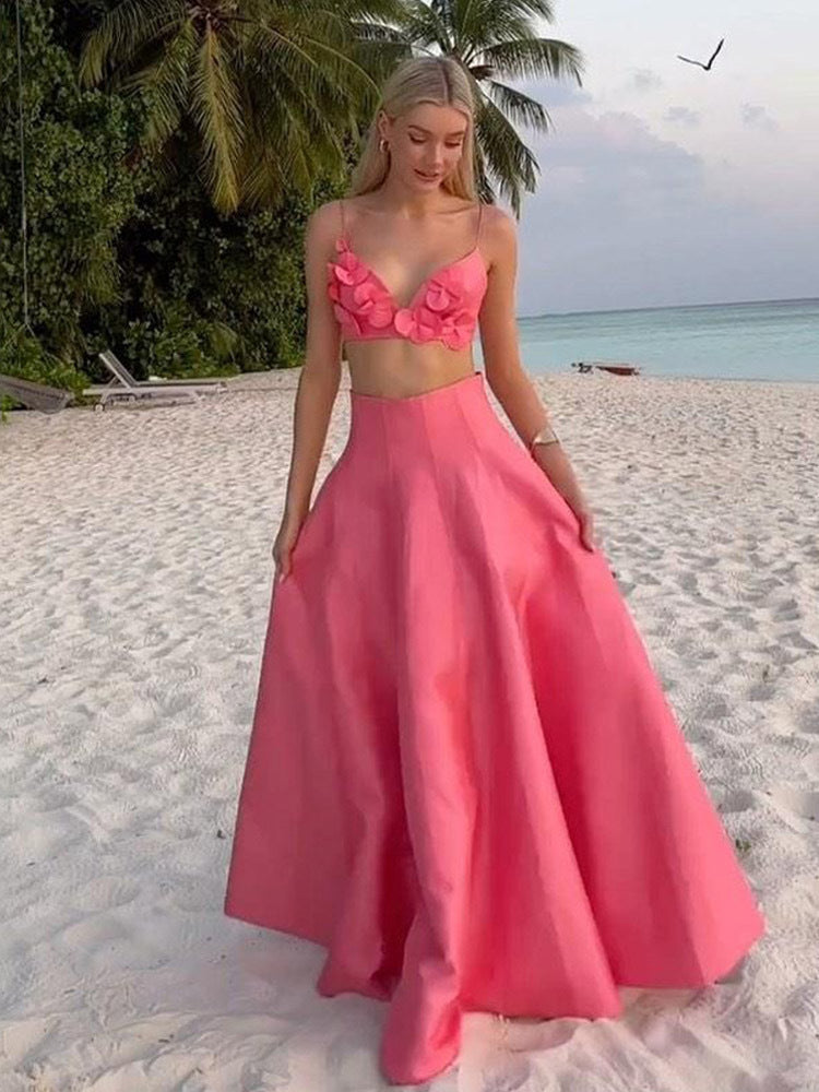 Damen Modisches Set mit Blumendetails und ausgestelltem Rock EB