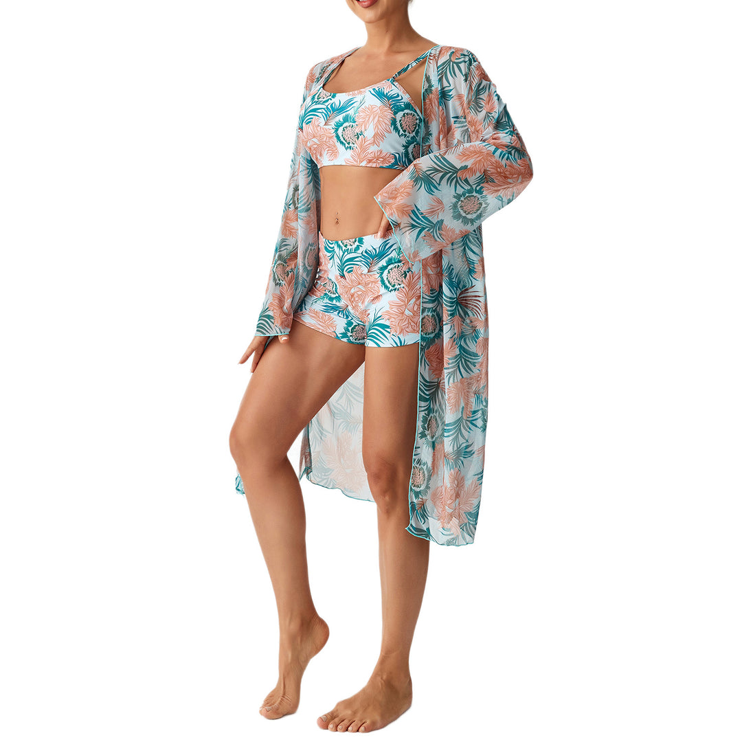 Damen Strandoutfit mit floralem Design und transparentem Kaftan EB